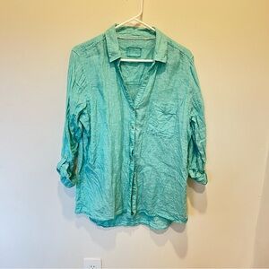 Sigrid Olsen Teal Button-Up Shirt 100% linen roll sleeves